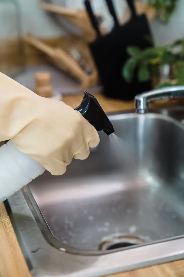Stainless steel sink being sanitized