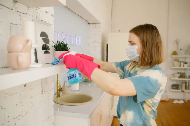 Bathroom surfaces being disinfected
